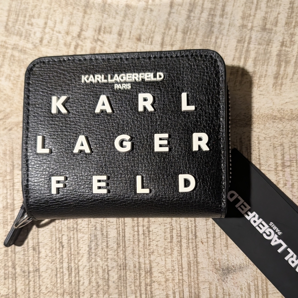 Karl Lagerfeld Paris Jacqueline Leather Wallet Black w/ Raised Block Lettering - Picture 9 of 12